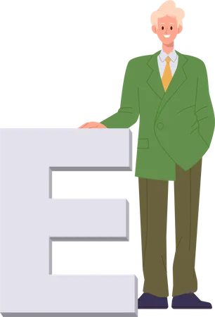 Young Business Man Cartoon Character Wearing Formal Suit Standing Nearby Uppercase Letter E Isolated On White Background Vector Illustration Of Student Of Business School Enjoying Education Illustration
