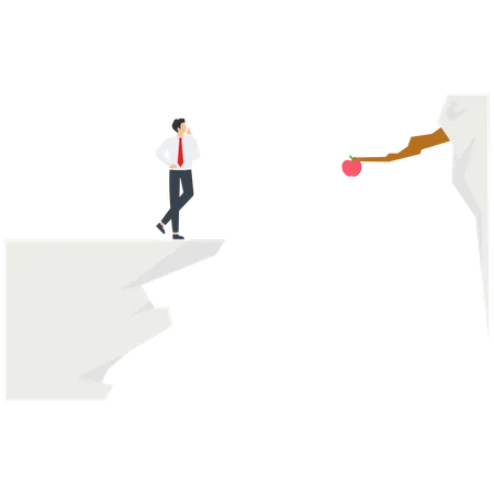 Young Businessman Standing On The Edge Of The Cliff Thinking About How To Get The Apple Across The Cliff  Illustration