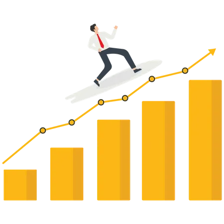 Follow A Business Trend Or Momentum Overcome Difficulties A Businessman Surfs Or Rides A Board In The Direction Of Success Growth Graph Of The Stock Market Investment Market Capital Market Vector イラスト
