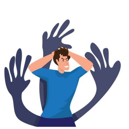 Young businessman surrounded by giant creeping hands  Illustration