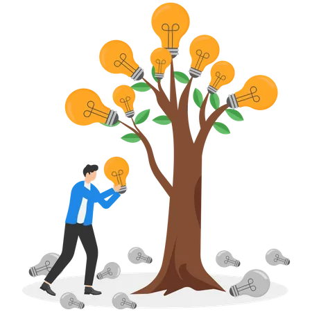 Fruits Successful Idea Concept Guy In Casual Clothes Sits Under Tree And Looks Up At Glowing Bulbs That Grow Instead Fruits Man Holds Light Bulb In His Hands Illustration