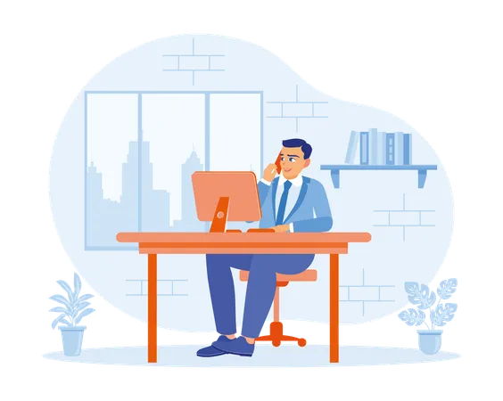 Young businessman talking on phone while working in front of computer  Illustration