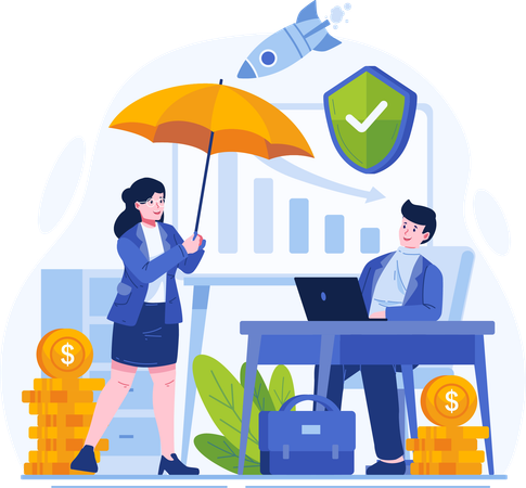 Young Businessman Uses Insurance to Prevent Business Collapse or Bankruptcy  Illustration