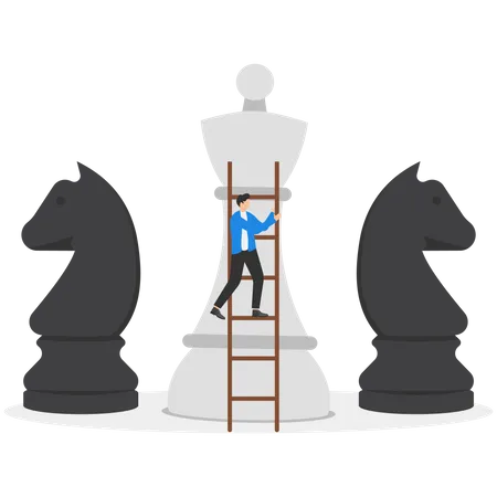 Business Strategy Design Concept Businessman Character Climbing Up The Stairs At Chess Pieces Illustration Flat Style Drawing Vector Illustration