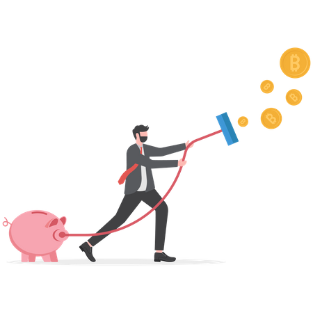 Young businessman vacuuming money catches the bitcoin investment  Illustration