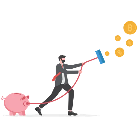 A Business Man Vacuuming Money Catches The Bitcoin Investment Concept Vector Illustration