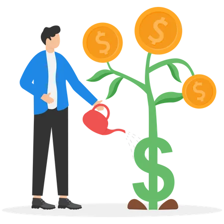 Investment Growth Or Business Growth Make Profit In Stock Market Or Earning Growth Concept Successful Businessman Investor Watering Small Plant With US Dollar Sign Rising Up Graph Illustration