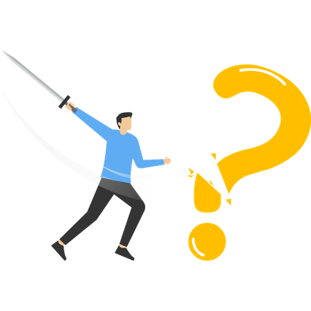 Young businessman who cut the question mark with his sword  Illustration