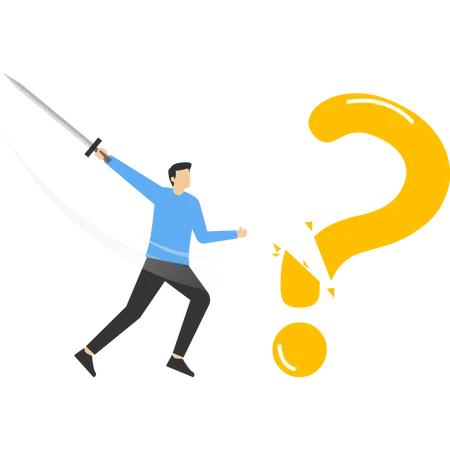 Young businessman who cut the question mark with his sword  Illustration