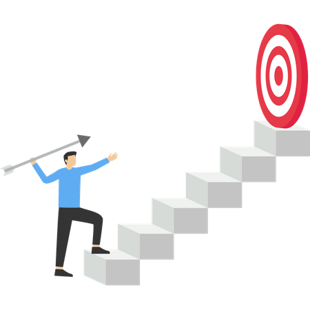 Young businessman wielding a large arrow to climb the ladder to the bullseye  Illustration