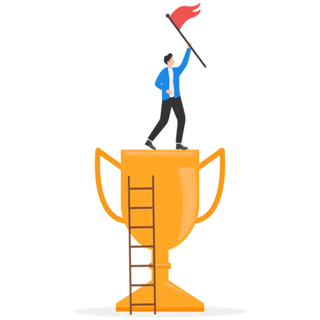 Business Achievement Businessman Winner Raising Flag On Winning Trophy Accomplishment For Leadership Success Determination For Career Success Concept Triumph Or Award Winning Illustration