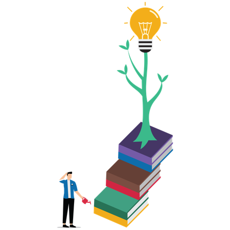 Young businessman with a pile of books covered in light bulb plants  Illustration