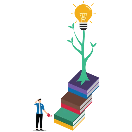 Young businessman with a pile of books covered in light bulb plants  Illustration