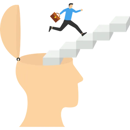 Profile Of Human Head And Ladder Self Improvement Psychology Education Concept A Training Course In A Growth Mindset Development Of Personal Potential Woman Climbing The Ladder To The Top Illustration