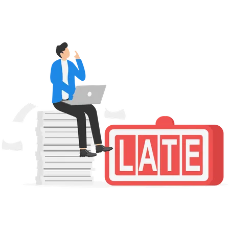 Young Businessman With Laptop Panicked Because His Assignment Was Sent Late Late Concept Colored Flat Vector Illustration Illustration