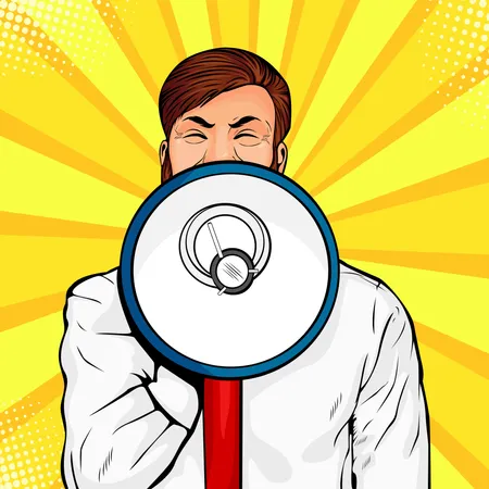 Young businessman with open mouth and megaphone screaming announcement Illustration