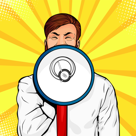 Young businessman with open mouth and megaphone screaming announcement  Illustration