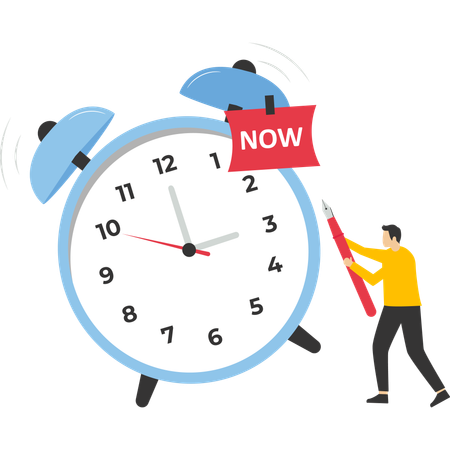 Young businessman with pencil after he wrote the word Now on a note and stuck it on a ringing alarm clock  Illustration