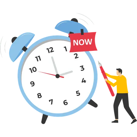 Young businessman with pencil after he wrote the word Now on a note and stuck it on a ringing alarm clock  Illustration