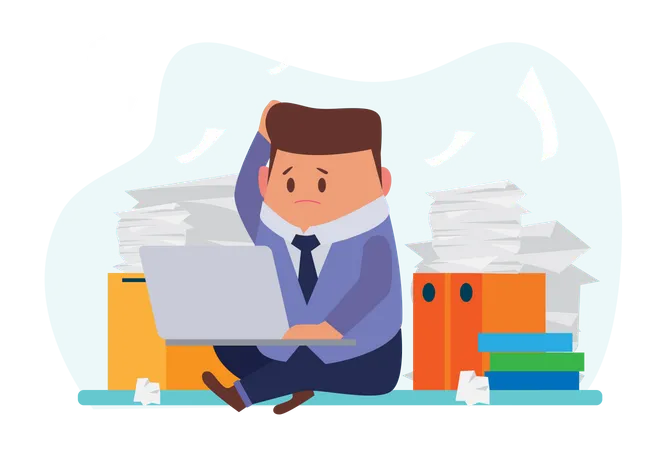 Young businessman working hard with laptop with pile of papers Illustration