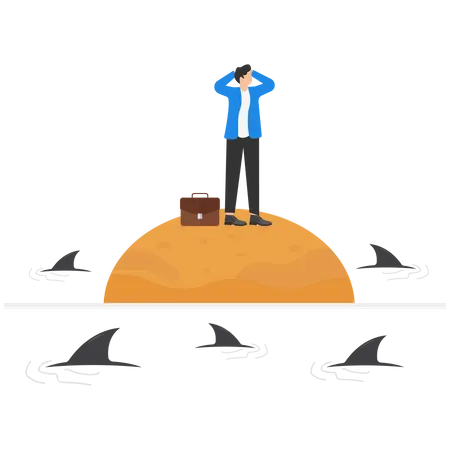 Worried Businessman Concept Design Man Character Standing On A Small Island In The Ocean And Surrounded By Sharks Metaphor Vector Illustration Illustration