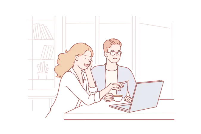 Startup Cooperation Business Online Store Concept Young Businessmen And Businesswomen Colleagues Or Partners Discuss A New Project In The Office Happy Smiling Man And Woman Couple Or Family Decide Questions About Shopping Simple Flat Vector Illustration