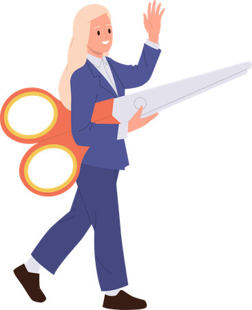 Young businesswoman carrying giant scissors  Illustration