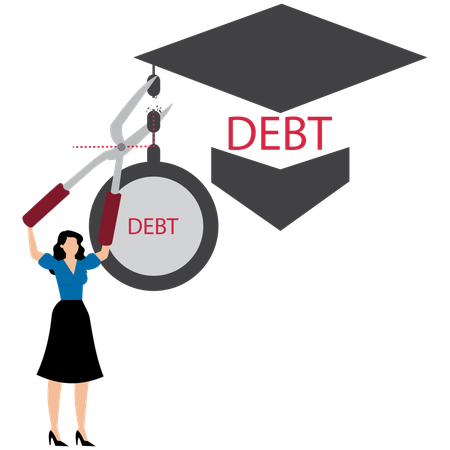 Young businesswoman cut chain to relief from student loan debt burden metal ball  Illustration