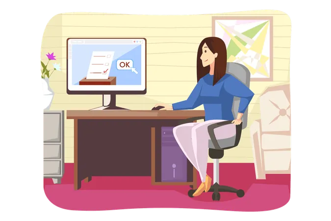 Young businesswoman girl freelancer sits at home with computer voting remotely  Illustration