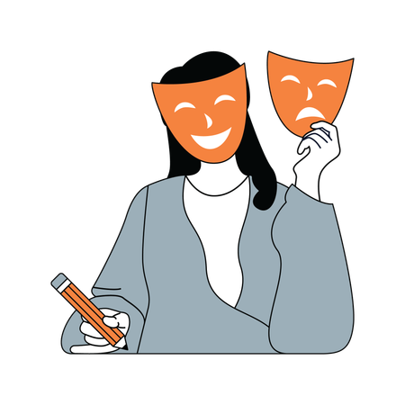Young businesswoman holding smile and sad face sign  Illustration