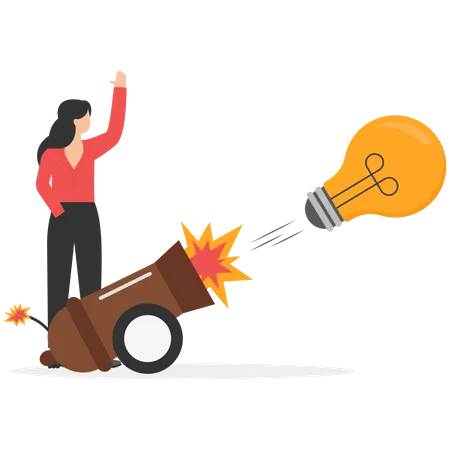 Launch A New Business Idea Creativity And Innovative Winning Solution Entrepreneurship Or Start Up Business Concept Smart Business Woman Entrepreneur Launching Light Bulb Idea From Powerful Cannon Illustration