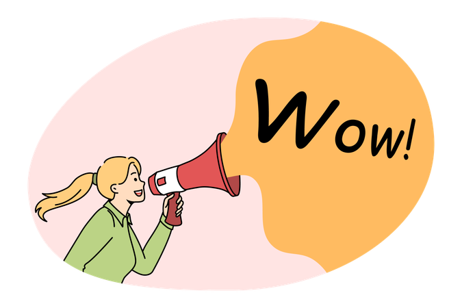 Young businesswoman standing and shouting at megaphone with wow lettering sign  Illustration