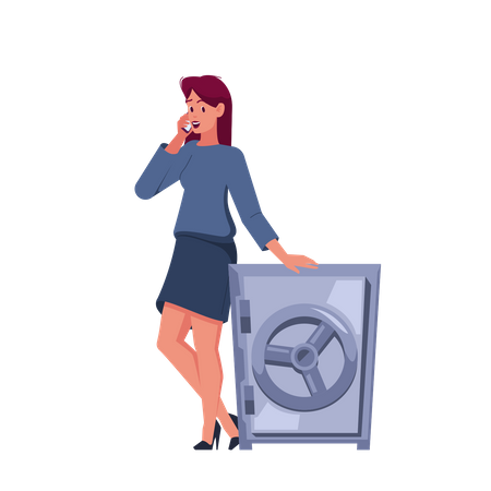 Young Businesswoman Talk On Mobile Phone Standing Near Safe  Illustration