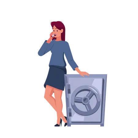 Young Businesswoman Talk On Mobile Phone Standing Near Safe  Illustration