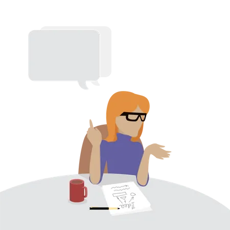 Young Businesswoman Thinking And Writing Woman In Purple Dress Sitting At The Table With Empty Dialog Window Woman Pensive Isolated Object In Flat Design On White Background Vector Illustration Illustration