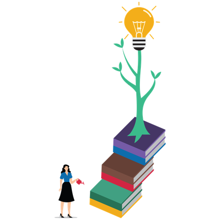 Young businesswoman with a pile of books covered in light bulb plants  Illustration