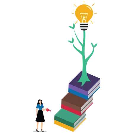 Young businesswoman with a pile of books covered in light bulb plants  Illustration