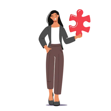 Young Woman Character Hold Huge Puzzle Piece Isolated On White Background Teamwork Cooperation Solution Creative Idea Integrated In Business Process Concept Cartoon People Vector Illustration Illustration