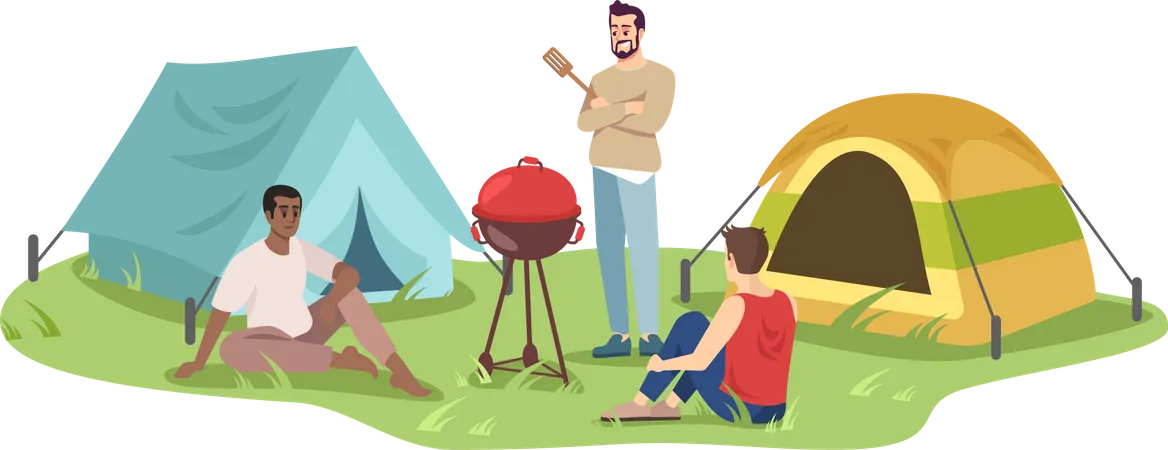 Travel Camping Flat Vector Illustration Young Campers On Barbecue Cartoon Characters Happy Men Group On Picnic Summer Vacation Seasonal Outdoor Recreation Isolated On White Background Illustration