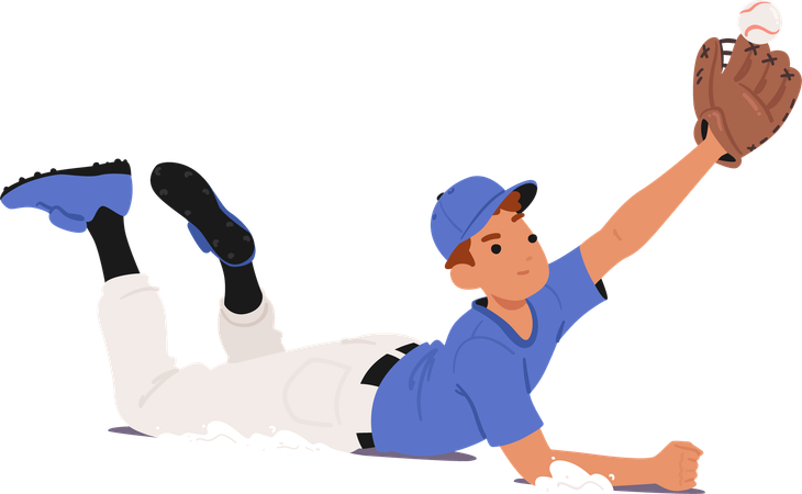 野球の若い漫画選手がフィールドで滑りながら劇的なキャッチをする  イラスト