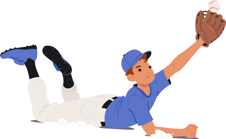 Young Cartoon Baseball Player Making Dramatic Catch While Sliding On Field  Illustration