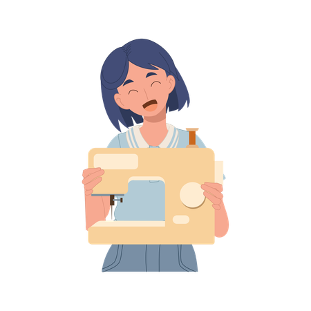 Young cartoon girl holds a sewing machine with a smile  Illustration
