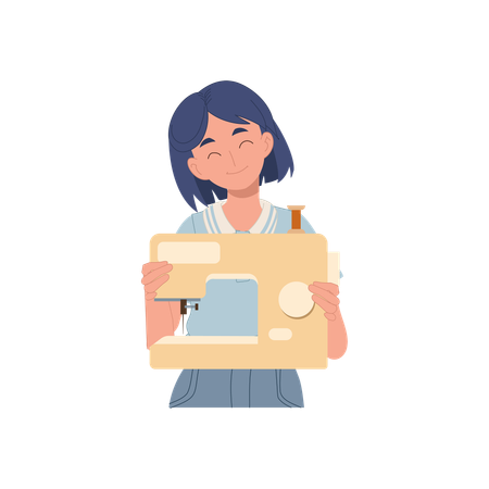 Young cartoon girl holds a sewing machine with a smile  Illustration