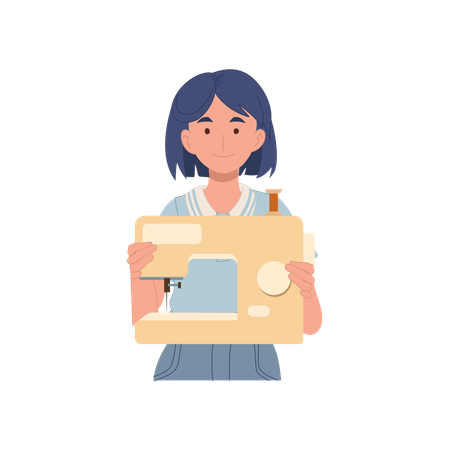 Young cartoon girl holds a sewing machine with a smile, perfect for depicting hobbies fashion design or small sewing businesses at home  Illustration