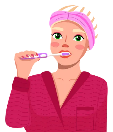 Young Caucasian Blonde Woman Brushing Her Teeth Female Taking Care Of Her Teeth On White Background Happy Girl Wearing Pink Bathrobe With Toothbrush In Hand Cleaning Teeth Doing Mouth Hygiene Illustration