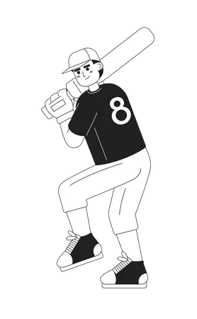 Young Caucasian Male Batter In Proper Batting Stance Monochromatic Flat Vector Character Cricket Editable Thin Line Full Body Person On White Simple Bw Cartoon Spot Image For Web Graphic Design Illustration