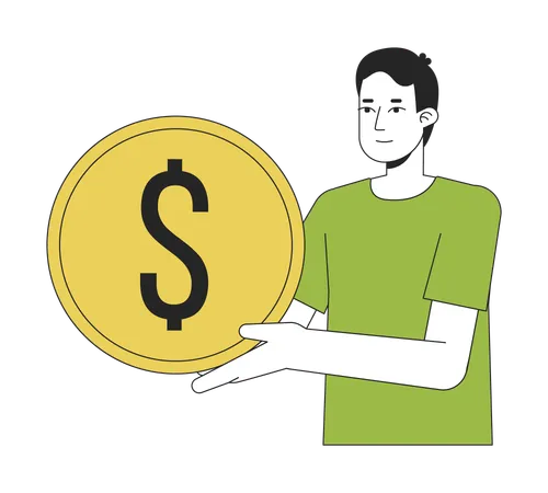 Young caucasian man holding golden coin  Illustration