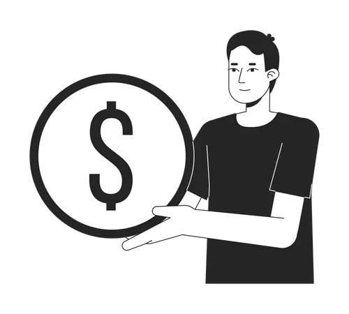 Young Caucasian Man Holding Golden Coin Flat Line Black White Vector Character Editable Outline Half Body Person Simple Cartoon Isolated Spot Illustration For Web Graphic Design Illustration