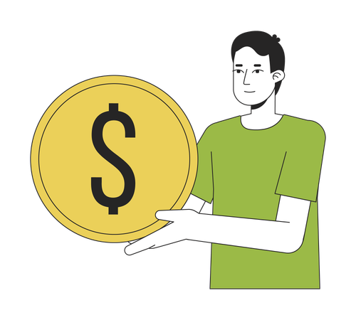 Young caucasian man holding golden coin  Illustration