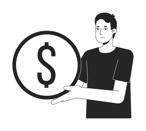 Young caucasian man holding golden coin  Illustration